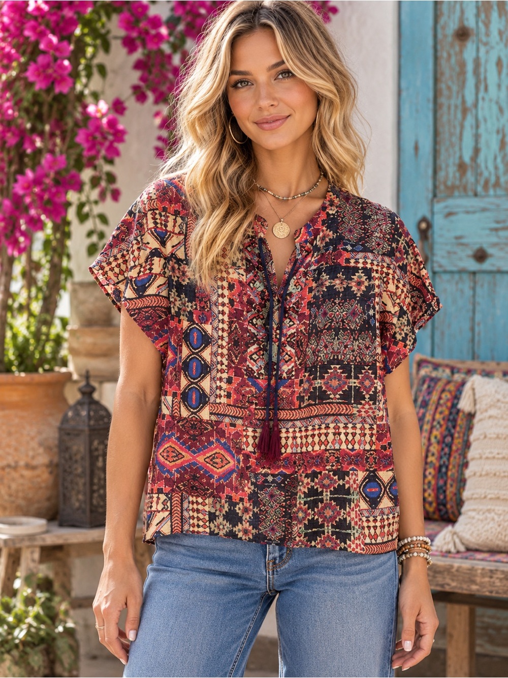 Johnny Was Multicolor Patchwork Print Short Sleeve Peasant Top